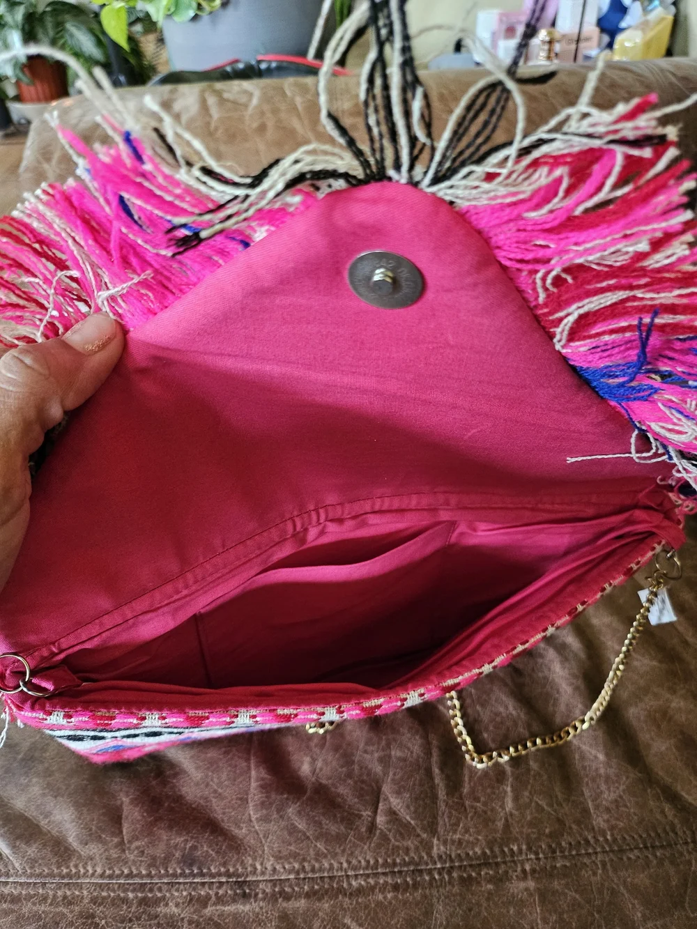 Pink Multicolor Beaded Fringe Shoulder Clutch
